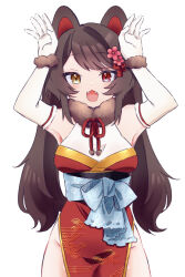 1girl :3 alternate_costume animal_ears armpits arms_up ayuko_ammobium blue_sash bracelet breasts brown_hair china_dress chinese_clothes commentary_request cowboy_shot dog_ears dot_nose dress elbow_gloves fangs flower fur_bracelet fur_collar gloves gold_trim groin hair_flower hair_ornament halter_dress halterneck heterochromia highres inui_toko jewelry light_blush long_hair looking_at_viewer medium_breasts nijisanji open_mouth pink_flower print_dress rabbit_pose red_dress red_eyes sash simple_background solo straight-on swept_bangs twintails underbust very_long_hair virtual_youtuber white_background white_gloves yellow_eyes