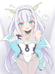 1girl ? bare_shoulders black_gloves blue_eyes blue_jacket bodysuit breasts eudie_(shadowverse) gloves jacket leotard long_hair looking_at_viewer medium_breasts off_shoulder open_mouth shadowverse shadowverse:_worlds_beyond solo speech_bubble spoken_question_mark very_long_hair white_bodysuit white_hair white_leotard yukichi_(nyarome-busters)