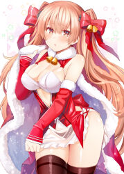 1girl bell black_thighhighs blush breasts brown_hair cape christmas cleavage commentary detached_sleeves fur-trimmed_cape fur_trim hair_bell hair_ornament hair_ribbon holding holding_unworn_cape holding_unworn_clothes johnston_(christmas)_(kancolle) johnston_(kancolle) kantai_collection large_breasts long_hair looking_at_viewer official_alternate_costume parted_lips red_bodice red_cape red_eyes red_ribbon red_sleeves revision ribbon rui_shi_(rayze_ray) santa_costume sleeves_past_wrists solo thighhighs two_side_up unworn_cape