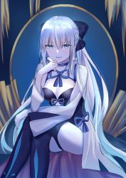 1girl black_bow black_dress black_thighhighs blue_eyes blue_ribbon bow braid breasts cleavage commentary_request crossed_legs dress fate/grand_order fate_(series) hair_between_eyes hair_bow half_up_braid hand_on_own_chin highres long_hair looking_at_viewer medium_breasts morgan_le_fay_(fate) neck_ribbon pale_skin parted_lips ponytail ribbon sidelocks sii_artatm silver_hair sitting smile solo teeth thighhighs throne two-tone_dress very_long_hair white_dress wide_sleeves