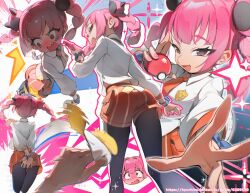 1girl :d ^^^ black_pantyhose blush collared_shirt commentary_request coral_(pokemon) eyelashes fang holding holding_poke_ball kyuri_tizu looking_back motion_blur multiple_views nail_polish necktie nintendo open_mouth orange_necktie orange_shorts pantyhose pink_hair pink_nails poke_ball poke_ball_(basic) pokemon pokemon_(anime) pokemon_horizons school_uniform shirt shorts smile sparkle tearing_clothes torn_clothes twintails watermark web_address white_shirt