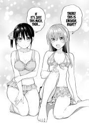 2girls bare_legs bare_shoulders barefoot bikini bikini_skirt blush breasts cleavage closed_mouth collarbone dot_nose english_text feet female_focus full_body hair_ribbon highres hiroyuki kanojo_mo_kanojo kneeling legs long_hair manga_page medium_breasts minase_nagisa monochrome multiple_girls official_art open_mouth ribbon saki_saki_(kanojo_mo_kanojo) short_hair side_ponytail sitting small_breasts stomach swimsuit swimsuit_skirt teeth thighs toes upper_teeth_only