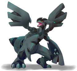 animal_focus claws colored_sclera commentary dragon gen_5_pokemon highres legendary_pokemon looking_up nintendo no_humans open_mouth pokemon pokemon_(creature) red_sclera sharp_teeth simple_background solo standing teeth yellow_eyes zekrom zuu_(turedure)