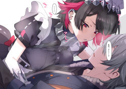 1boy 1girl black_hair blue_jacket blush breast_press breasts colored_inner_hair ellen_joe grey_hair highres jacket looking_at_another lying_on_person maid_headdress mark_under_eye medium_breasts multicolored_hair parted_lips puffy_sleeves red_eyes short_hair spiked_headband sweatdrop tonomiya68 wise_(zenless_zone_zero) zenless_zone_zero