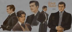 Rule 34 | 1boy, 2023, absurdres, artist name, black hair, character name, closed mouth, copyright name, facial hair, gone with the wind, grey background, highres, looking at viewer, looking to the side, male focus, mustache, nanjou (sumeragimishiro), open mouth, rhett butler, short hair, smile, solo, standing