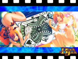 2girls ass asymmetrical_bangs bat_wings blush breasts card closed_mouth completely_nude copyright_name crossed_arms feathers film_strip flower full_body green_eyes head_wings heart koutaro legs_together looking_at_another lying medium_breasts moon multiple_girls multiple_persona nude on_back on_stomach orange_hair plant playing_card rio_rollins rose shooting_star short_hair sideboob smile source_request spade_(shape) super_blackjack thorns wings