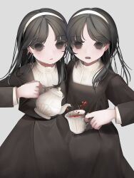 2girls absurdres black_dress black_hair brown_eyes cowboy_shot cup dress grey_background hairband highres holding holding_cup holding_teapot long_hair long_sleeves looking_at_viewer multiple_girls open_mouth original parted_bangs pixelated pouring siblings simple_background sisters standing tea teacup teapot test_norma1 twins white_hairband