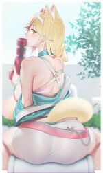 1girl animal_ears ass back bare_shoulders belt blonde_hair blush breasts cat_ears cat_fantasy cat_tail delilah_(gate) hairband highres large_breasts long_hair looking_at_viewer pink_hair sideboob sitting smile solo tail xxzero yellow_eyes