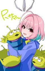 Rule 34 | 1girl, ahoge, alien (toy story), blue hoodie, fang, hair intakes, highres, holding, hood, hood down, hoodie, idolmaster, idolmaster cinderella girls, kakki (kackie), long sleeves, looking at viewer, medium hair, multicolored hair, open mouth, pink eyes, pink hair, raised eyebrows, simple background, sketch, tearing up, toy story, toy story 1, translated, two-tone hair, upper body, white background, yumemi riamu