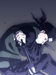 1boy black_hair highres holding holding_kunai holding_weapon kunai male_focus naruto_(series) naruto_shippuuden obobkkp scar scar_on_face sharingan short_hair solo spiked_hair uchiha_obito weapon
