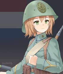 1girl absurdres ammunition_pouch artist_name belt bicycle brown_belt closed_mouth commentary dutch_army dutch_flag flag_background frown green_eyes green_hat green_jacket gun gun_sling hat helmet highres jacket leochan1202 military military_uniform netherlands orange_hair original pouch rifle soldier solo upper_body weapon world_war_ii