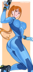Rule 34 | 1girl, ass, blue bodysuit, bodysuit, bracelet, breasts, brown eyes, collared bodysuit, cosplay, curvy, earrings, feet out of frame, gun, high ponytail, highres, holding, holding gun, holding weapon, jewelry, large breasts, lips, long hair, looking at viewer, metroid, nami (one piece), nintendo, one piece, orange hair, paid reward available, paralyzer, pearl earrings, pink lips, ponytail, samus aran, samus aran (cosplay), skin tight, solo, super smash bros., uukkaa, weapon, zero suit