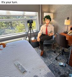 1boy 2girls absurdres black_pants black_socks boku_no_hero_academia brown_hair brown_shoes camera chair closed_mouth collared_shirt english_text freckles gloves green_eyes green_hair hagakure_toru highres indoors invisible khyle. looking_at_viewer male_focus midoriya_izuku multiple_girls necktie pants photo_inset red_necktie scar shirt shoes short_hair smile socks uraraka_ochaco white_shirt