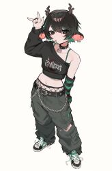 1girl \m/ absurdres animal_ear_piercing animal_ears antlers arm_behind_back arm_up arm_warmers baggy_pants belt belt_buckle belt_chain black_arm_warmers black_belt black_collar black_eyes black_hair black_nails black_pants black_shirt black_shoes borrowed_character breasts brown_horns buckle camisole cargo_pants closed_mouth clothes_writing collar collarbone colored_inner_hair commentary contrapposto crescent_pendant crescent_print crop_top cropped_shirt deer_antlers deer_ears deer_girl dot_nose double-parted_bangs earrings eyebrows_hidden_by_hair fingernails fishnet_pantyhose fishnets from_above gift_art green_arm_warmers green_camisole green_hair green_shoes hair_intakes half-closed_eyes head_tilt high-waist_pantyhose highres horns invisible_floor jewelry legs_apart light_blush long_eyelashes long_sleeves looking_at_viewer looking_up lowleg lowleg_pants metal_band_text midriff multicolored_hair multicolored_shoes multiple_piercings narrowed_eyes navel oaklyn_(k-rha) original pants pantyhose pantyhose_under_pants pendant_collar pocket print_shirt puffy_long_sleeves puffy_sleeves punk raised_eyebrows shirt shoes short_hair sidelocks simple_background single-shoulder_shirt single_bare_shoulder single_sleeve small_breasts sneakers solo spaghetti_strap spiked_collar spikes standing streaked_hair striped_arm_warmers stud_earrings studded_belt symbol-only_commentary thick_eyelashes tongue torn_clothes torn_pants tsurime two-tone_arm_warmers two-tone_hair two-tone_shoes untied_shoelaces vertigris white_background wide_hips zipper zipper_pull_tab