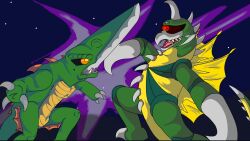 Rule 34 | alien, black sclera, buzzsaw (tool), claws, colored sclera, crossover, daiei motion picture, fins, gamera (series), gamera vs. guiron, giant, giant monster, gigan, glowing, glowing eyes, godzilla (series), godzilla vs. gigan, gojira-41mk11, guiron, hook hand, kaiju, mandibles, monster, no humans, orange eyes, red eyes, sharp teeth, sky, space, space monster, spiked tail, star (sky), starry sky, sword, tail, teeth, toho, tongue, tusks, weapon, wings, yellow pupils