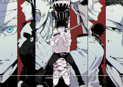 3girls 5boys animal baggy_clothes bandages black_eyes black_hair black_pants blue_eyes getou_suguru gojou_satoru holding holding_sword holding_weapon inumaki_toge jujutsu_kaisen katana looking_at_viewer medium_hair miguel_(jujutsu_kaisen) mimiko_(jujutsu_kaisen) monster multiple_boys multiple_girls nanako_(jujutsu_kaisen) okkotsu_yuuta panda panda_(jujutsu_kaisen) pants school_uniform short_hair spiked_hair sword weapon zen&#039;in_maki