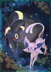 Rule 34 | animal focus, black eyes, colored sclera, espeon, forehead jewel, forked tail, full body, gen 2 pokemon, highres, mr h202, nintendo, no humans, pokemon, pokemon (creature), purple sclera, red sclera, tail, umbreon, white eyes