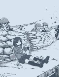 1girl 3boys aiming attempted_suicide bayonet blazer camera collared_shirt empty_eyes explosion gun hamsterfragment hands_up hatching_(texture) helmet holding holding_camera holding_gun holding_weapon jacket jaggy_lines loafers long_sleeves looking_away medium_hair monochrome multiple_boys neck_ribbon no_pupils on_ground original over-kneehighs parted_lips photo_(object) polaroid_photo ribbon sandbag school_uniform shaded_face shirt shoes sitting skirt soldier suicidal_girl_(hamsterfragment) thighhighs war weapon weapon_request wing_collar