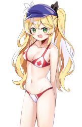 1girl absurdres belly blonde_hair blush bow bra breasts canada canadian_flag commission dokibird_(vtuber) dokibird_(vtuber)_(retro_doki) green_eyes hat highres indie_virtual_youtuber looking_at_viewer navel open_mouth panties red_bra red_panties ribbon simple_background solo teeth thighs twintails underwear underwear_only vieru2n virtual_youtuber white_background white_bra white_panties