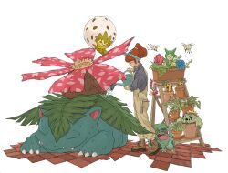 Rule 34 | 1girl, bandana, boots, brown boots, brown hair, brown overalls, budew, bulbasaur, cacnea, claws, closed mouth, eldegoss, fangs, francesco di mauro, full body, gen 1 pokemon, gen 2 pokemon, gen 3 pokemon, gen 4 pokemon, gen 8 pokemon, gloves, grey shirt, highres, ladder, nintendo, overalls, plant, pokemon, pokemon (creature), potted plant, roselia (pokemon), shirt, simple background, stepladder, sunkern, venusaur, watering, watering can, white background, wurmple