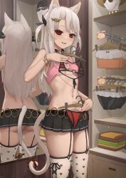 1girl animal_ears ass back bare_shoulders belt bikini bikini_top_only black_belt black_skirt blush bracelet breasts cat_ears cleavage clothes_hanger crop_top crop_top_overhang fake_animal_ears fate/stay_night fate_(series) hair_between_eyes hat heart heart_print highres holding holding_clothes_hanger holding_unworn_clothes illyasviel_von_einzbern indoors jewelry loli long_hair looking_at_viewer mannequin micro_bikini miniskirt mirror navel ola_(bunnyfly) pink_shirt pleated_skirt price_tag red_bikini red_eyes reflection seductive_smile shadow shirt shop short_twintails sidelocks skindentation skirt sleeveless small_breasts smile solo standing sunglasses swimsuit thighhighs thighs twintails white_hair