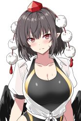 1girl alternate_costume bird_wings black_one-piece_swimsuit black_wings blush breasts brown_hair cleavage closed_mouth collarbone commentary hat highres large_breasts looking_at_viewer medium_hair one-piece_swimsuit pom_pom_(clothes) red_eyes red_hat rise_(rise19851203) shameimaru_aya shirt simple_background solo sweat swimsuit swimsuit_under_clothes tokin_hat touhou wet wet_clothes wet_shirt white_background white_shirt wings