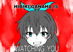 1984_(novel) 1girl absurdres ahoge antenna_hair aqua_eyes black_hair bow clenched_teeth english_text facing_viewer fang ganaha_hibiki grin hair_between_eyes hair_bow hair_ornament high_ponytail highres idolmaster idolmaster_(classic) light_blush long_hair looking_at_viewer namco ponytail portrait propaganda sidelocks smile teeth upper_body wide_ponytail