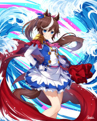 1girl absurdres animal_ears black_gloves blue_eyes bow bowtie breasts brown_hair geez gloves hair_ribbon highres holding horse_ears horse_girl long_hair looking_at_viewer multicolored_hair open_mouth ponytail ribbon skirt smile solo teeth tokai_teio_(umamusume) umamusume waves white_gloves white_hair