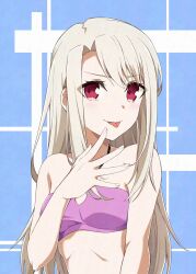 1girl azami_masurao bikini breasts fate/stay_night fate_(series) highres illyasviel_von_einzbern looking_at_viewer red_eyes small_breasts solo swimsuit tongue tongue_out white_hair