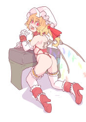 Rule 34 | 1girl, ass, blonde hair, crystal wings, fang, flandre scarlet, hat, high heels, kneeling, looking at viewer, mersoleil03, mob cap, open mouth, red eyes, revealing clothes, side ponytail, sketch, smile, solo, thighhighs, touhou, touhou tag dream, unfinished, wrestling outfit