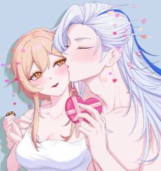 Rule 34 | 1boy, 1girl, absurdres, blonde hair, blue hair, blush, box, breasts, chocolate, closed eyes, djinchnizhnsh1, food, genshin impact, hair between eyes, heart-shaped box, highres, holding, holding chocolate, holding food, kiss, kissing cheek, long hair, long head, lumine (genshin impact), multicolored hair, neuvillette (genshin impact), open mouth, pointy ears, smile, streaked hair, tank top, white hair, white tank top, yellow eyes