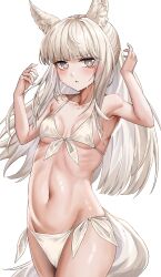 Rule 34 | absurdres, animal ears, arknights, armpits, arms up, bikini, blush, breasts, collarbone, cowboy shot, front-tie bikini top, front-tie top, grey eyes, highres, horse ears, horse girl, horse tail, long hair, looking at viewer, parted lips, petite, platinum (arknights), putcho, ribs, side-tie bikini bottom, skinny, small breasts, small sweatdrop, stomach, sweat, swimsuit, tail, white bikini, white hair