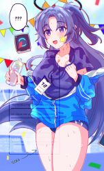 Rule 34 | absurdres, black buruma, black shirt, blue archive, blue buruma, blue jacket, bottle, buruma, drone, gym shirt, gym uniform, halo, highres, hirwannew, id card, jacket, lanyard, mechanical halo, partially unzipped, shirt, star sticker, sticker on face, track jacket, water bottle, yuuka (blue archive), yuuka (track) (blue archive)