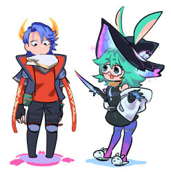 Rule 34 | 1boy, 1girl, :d, absurdres, animal ears, aurora (league of legends), black gloves, black hat, black pants, blue hair, caxqov, fingerless gloves, glasses, gloves, green hair, hat, highres, holding, holding wand, layered sleeves, league of legends, long sleeves, lunar beast aphelios, medium hair, multicolored hat, no mouth, official alternate costume, open clothes, open mouth, open shirt, pants, pantyhose, pink pantyhose, rabbit ears, rabbit girl, red shirt, scarf, semi-rimless eyewear, shirt, short hair, short over long sleeves, short sleeves, smile, wand, witch hat