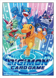 Rule 34 | agumon, bird, blue fur, blue scales, blue skin, colored skin, digimon, digimon (creature), digimon card game, dragon, feathers, green feathers, group picture, horns, lizard, loogamon, official art, open mouth, poroze, pteromon, purple eyes, red eyes, sharp teeth, single horn, teeth, trait connection, v-mon, wolf, yellow scales