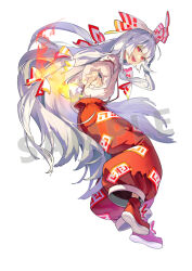 1girl :d bow commentary_request fire fujiwara_no_mokou full_body hair_bow long_hair long_sleeves looking_at_viewer ofuda ofuda_on_clothes open_mouth outstretched_arm pants pyrokinesis red_eyes red_pants red_shoes sample_watermark shirt shoes simple_background smile solo suspenders syuri22 touhou very_long_hair watermark white_background white_bow white_hair white_shirt