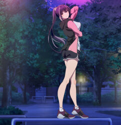 1girl absurdres anime_screenshot ass bare_legs black_shorts closed_mouth female_focus full_body haite_kudasai_takamine-san highres jacket long_hair long_sleeves looking_at_viewer outdoors pink_jacket ponytail purple_hair red_eyes red_shoes shirt shoes short_shorts shorts smile solo standing stitched takamine_takane thighs third-party_edit very_long_hair white_shirt