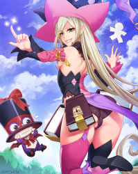 1girl ass asymmetrical_legwear asymmetrical_sleeves bare_back bare_shoulders bienfu_(tales) blonde_hair book breasts green_eyes grin hat highres long_hair looking_at_viewer looking_back magilou_(tales) mismatched_legwear mismatched_sleeves partially_visible_vulva pointy_ears pussy pussy_peek small_breasts smile speh tales_of_(series) tales_of_berseria trefoil very_long_hair