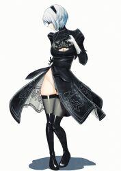 1girl 2b_(nier:automata) black_blindfold black_boots black_dress black_hairband black_thighhighs blindfold boots breasts closed_mouth covered_eyes dress feather-trimmed_sleeves full_body hairband highleg highleg_leotard highres illust_aqua juliet_sleeves large_breasts leotard long_sleeves nier:automata nier_(series) puffy_sleeves short_hair simple_background solo standing thigh_boots thighhighs thighhighs_under_boots white_background white_hair white_leotard