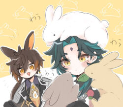 Rule 34 | 2boys, 3others, animal, animal ears, animal focus, animal on head, animal print, asymmetrical clothes, beads, blush, brown rabbit, diamond-shaped pupils, diamond (shape), earrings, eating, facial mark, forehead mark, formal clothes, genshin impact, gradient hair, green hair, holding, holding animal, jewelry, leaf, male focus, multicolored hair, multiple boys, multiple others, nama dododo, necktie, on head, rabbit, rabbit ears, rabbit print, rabbit tail, single earring, suit, symbol-shaped pupils, tail, tassel, tassel earrings, white necktie, white rabbit (animal), xiao (genshin impact), yellow eyes, zhongli (genshin impact)