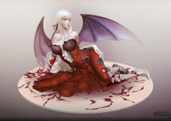 1girl 3d armpits bare_shoulders bat_wings black_thighhighs blonde_hair blood bloody_tears breasts dress elbow_gloves fangs female_focus full_body gloves hair_ribbon high_heels highres kiss-shot_acerola-orion_heart-under-blade kizumonogatari large_breasts leslyzerosix lips long_hair monogatari_(series) open_mouth oshino_shinobu pointy_ears red_dress ribbon shoes single_shoe solo strapless thighhighs torn_clothes torn_thighhighs vampire very_long_hair white_gloves white_shoes wings yellow_eyes