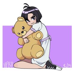 :3 absurdres antenna_hair bear black_hair highres hugging_object idolmaster idolmaster_(classic) kikuchi_makoto meltface on_floor parted_bangs shoes sidelocks simple_background sneakers stuffed_animal stuffed_toy teddy_bear white_background