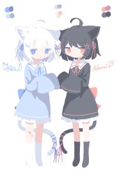 2girls ahoge animal_ears bandaged_leg bandages black_dress black_hair black_socks black_vs_white blue_dress blue_eyes cat_ears cat_girl cat_tail colo_(frypan_soul) color_guide dress full_body highres long_sleeves looking_at_viewer multiple_girls no_shoes original red_eyes ribbon short_dress short_hair simple_background sleeves_past_fingers sleeves_past_wrists socks standing tail tail_ornament tail_ribbon white_background white_hair white_socks