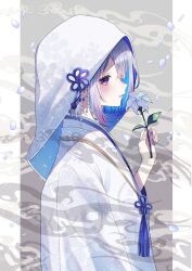 Rule 34 | 1girl, alternate costume, amane kanata, blue hair, blue nails, bride, colored inner hair, falling, flower, flower knot, from side, grey hair, hand up, hashtag-only commentary, highres, holding, holding flower, hololive, japanese clothes, kimono, looking at viewer, multicolored hair, nail polish, nametakeko, parted lips, pillarboxed, pink hair, purple eyes, shiromuku, short hair, solo, streaked hair, uchikake, upper body, virtual youtuber, wataboushi, white flower, white kimono