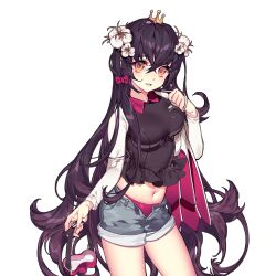 1girl bag black_hair crown denim denim_shorts flower flower_ornament hair_flower hair_ornament holding holding_bag long_hair mini_crown pika_(kai9464) shorts uchi_no_hime-sama_ga_ichiban_kawaii very_long_hair yellow_eyes yumemi_(uchi_no_hime-sama)
