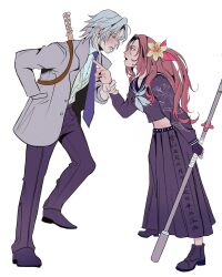 1boy 1girl aerith_gainsborough aerith_gainsborough_(midgard_seventh_high_school) aqua_eyes banditsecrets belt black_belt black_boots black_gloves black_nails black_pants black_sailor_collar black_shirt black_skirt blue_necktie blush boots breasts brown_hair cardigan collared_shirt colored_tips crop_top final_fantasy final_fantasy_vii final_fantasy_vii_ever_crisis fingerless_gloves flower full_body furrowed_brow gloves grey_hair grey_neckerchief hair_flower hair_ornament hair_ribbon hand_in_pocket highres holding holding_another&#039;s_wrist holding_staff lily_(flower) long_hair long_skirt medium_breasts midriff multicolored_hair nail_polish neckerchief necktie official_alternate_costume open_mouth pants parted_bangs pleated_skirt pointing pointing_at_another red_hair red_ribbon ribbon sailor_collar school_uniform sephiroth sephiroth_(ever_crisis) sephiroth_(shinra_private_academy) shirt short_hair side_ponytail sidelocks skirt staff weapon weapon_on_back white_background white_shirt yellow_cardigan yellow_flower