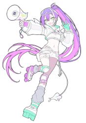 1girl :d bandaid bandaid_on_leg belt_pouch cropped_jacket demon_tail double-parted_bangs ear_piercing earclip fang full_body gloves goggles goggles_on_head green_eyes grey_leg_warmers highres hip_tattoo holding holding_megaphone hololive jacket knee_pads leg_warmers long_eyelashes long_hair looking_at_viewer megaphone minkof_nn multicolored_hair navel navel_piercing open_mouth piercing ponytail pouch roller_skates short_shorts shorts skates skin_fang smile solo streaked_hair tail tokoyami_towa tokoyami_towa_(cyberpunk) two-tone_gloves v-shaped_eyebrows white_jacket white_shorts
