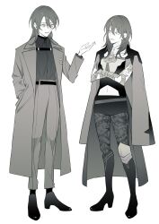 2girls absurdres belt_buckle boots bracer buckle female_byleth_(fire_emblem) chest_belt chief_(path_to_nowhere) closed_mouth clothing_cutout coat coat_on_shoulders collared_coat collared_shirt commentary_request crossed_arms detached_collar dress dress_pants dress_shoes eyelashes female_chief_(path_to_nowhere) fire_emblem fire_emblem:_three_houses full_body greyscale hair_between_eyes hand_in_pocket high-waist_pants high_heel_boots high_heels highres knee_boots knee_pads lab_coat lapel_pin lapels layered_sleeves long_hair long_sleeves looking_at_another monochrome multiple_girls navel neck_flower nintendo notched_lapels open_mouth pants pantyhose path_to_nowhere shirt short_dress sidelocks simple_background single_knee_pad smile socks standing stomach_cutout talking tassel toho10min turtleneck turtleneck_shirt undershirt white_background