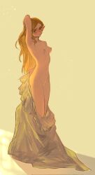 1girl arm_up armpits blonde_hair breasts clothes_pull completely_nude dress female green_eyes nintendo nipples nude pointy_ears princess_zelda pussy small_breasts solo the_legend_of_zelda the_legend_of_zelda:_breath_of_the_wild thighs undressing white_dress yushx31 zelda_(breath_of_the_wild)