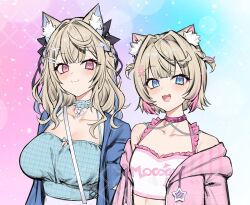 2girls :3 animal_ear_fluff animal_ears blonde_hair blue_background blue_camisole blue_eyes blue_hair blue_jacket blush breasts camisole cleavage collarbone crop_top dog_ears dog_girl emu_(confisery) fuwawa_abyssgard fuwawa_abyssgard_(casual) gradient_background highres hololive hololive_english jacket large_breasts long_hair mococo_abyssgard mococo_abyssgard_(casual) multicolored_hair multiple_girls pink_background pink_eyes pink_hair pink_jacket shirt short_hair siblings simple_background sisters twins two-tone_hair upper_body virtual_youtuber white_shirt